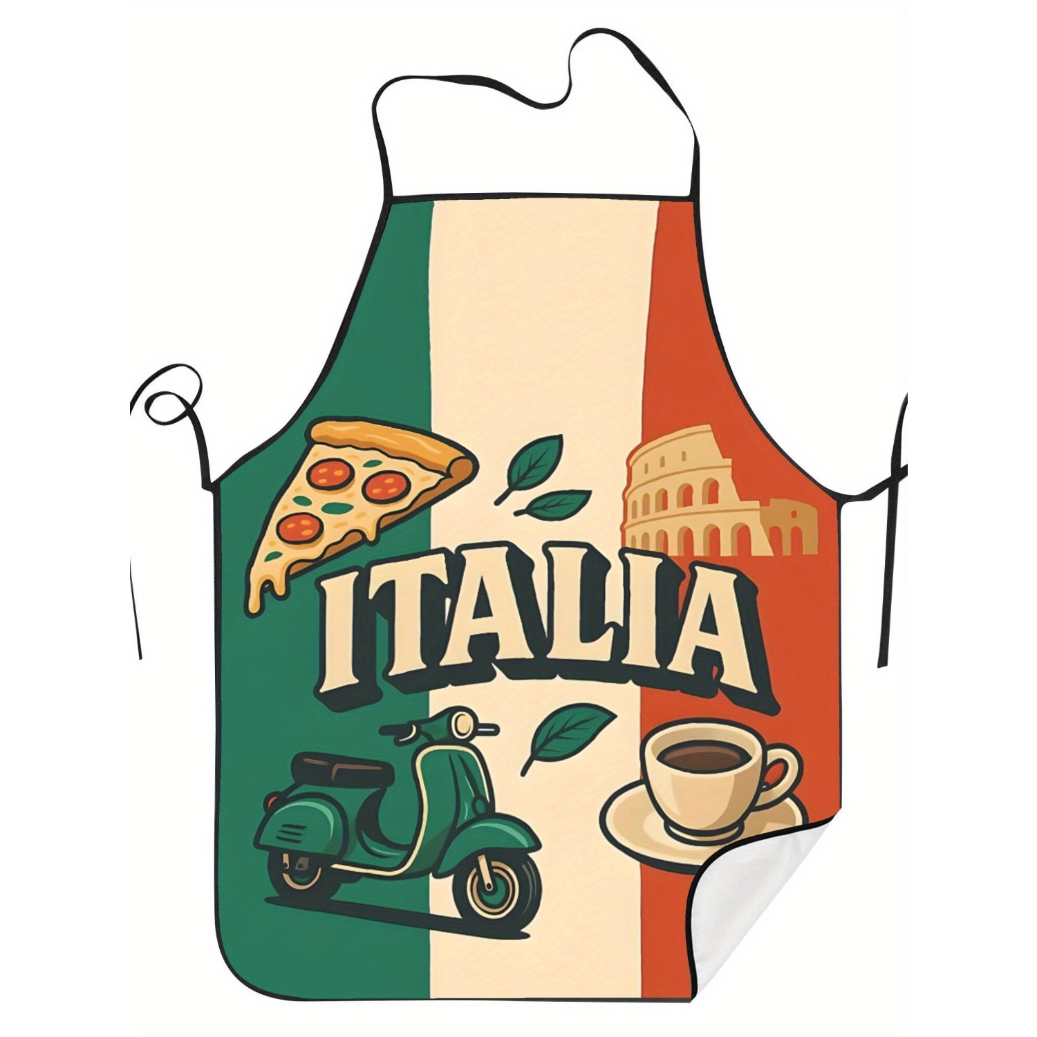 Home Cooking In Italian - レトロなイタリア国旗キッチンエプロン ピザスクーターコーヒー柄 シェフ調理用エプロン リネン防水 ホームベーキングユニフォーム マルチサイズ
