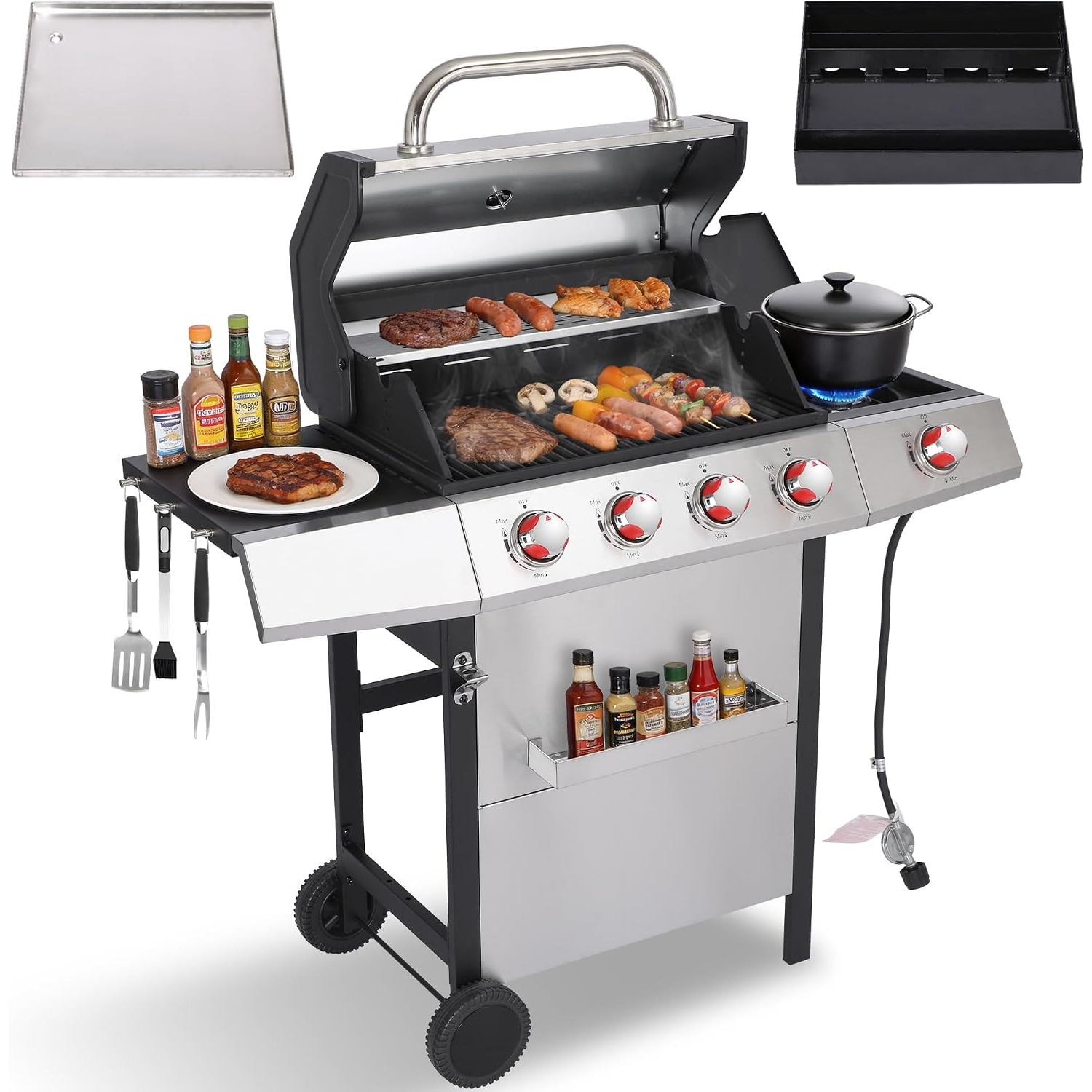 Home Cooking Gas - サイドバーナー付きのガスと炭火両用グリル、4つのバーナーを備えたプロパンガスグリルとグリルプレートのセット。磁器エナメル加工の鋳鉄製グリル網と二重構造の断熱蓋付き。49,000BTUの屋外バーベキューグリル。