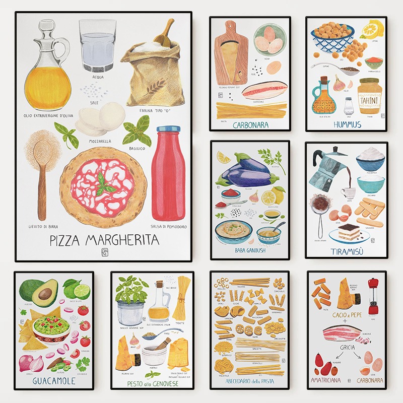 モダンなグルメレシピ料理ポスターイタリア料理ピザデザートキャ - Home Cooking In Italian のレビューと価格