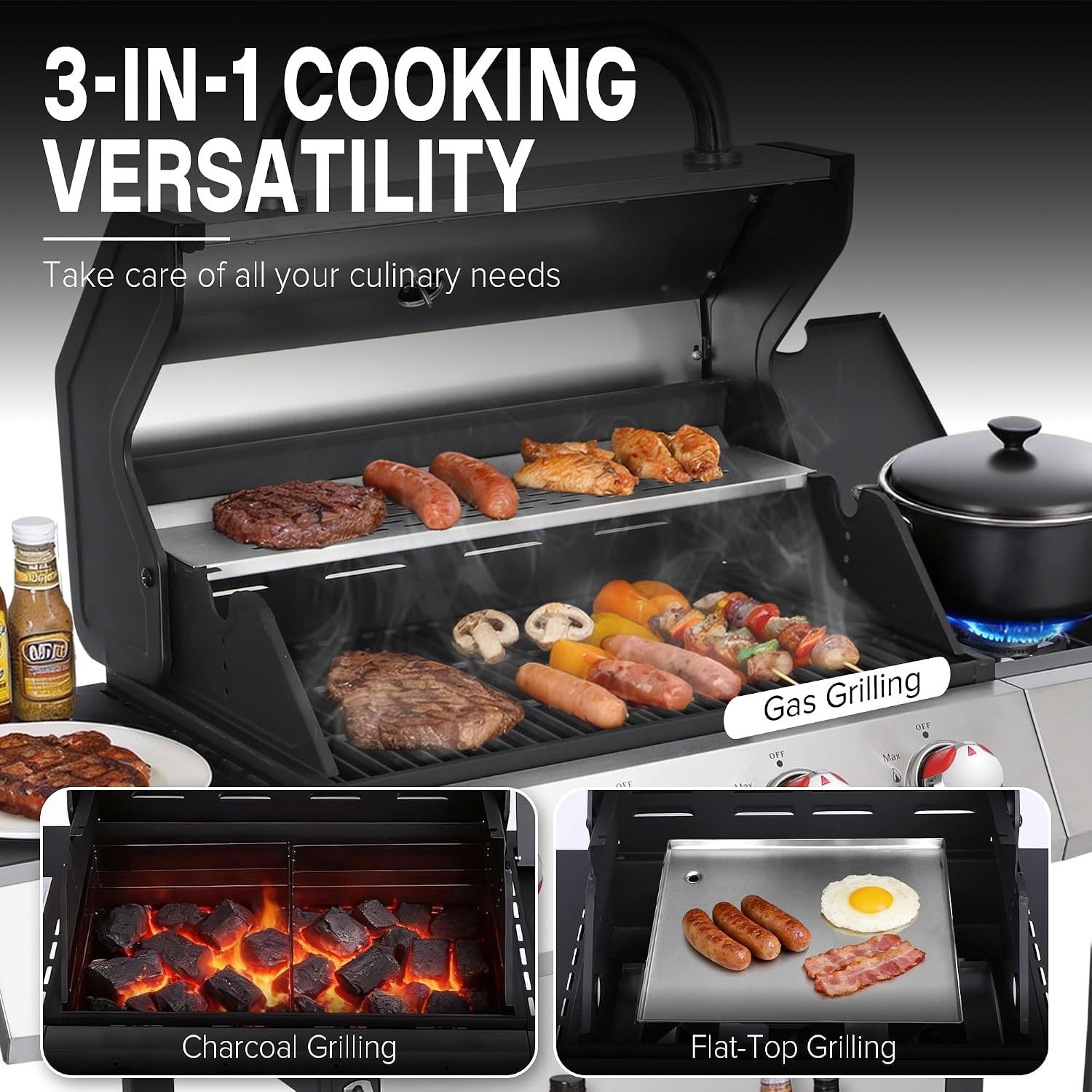 サイドバーナー付きのガスと炭火両用グリル、4つのバーナーを備 - Home Cooking Gas のレビューと価格